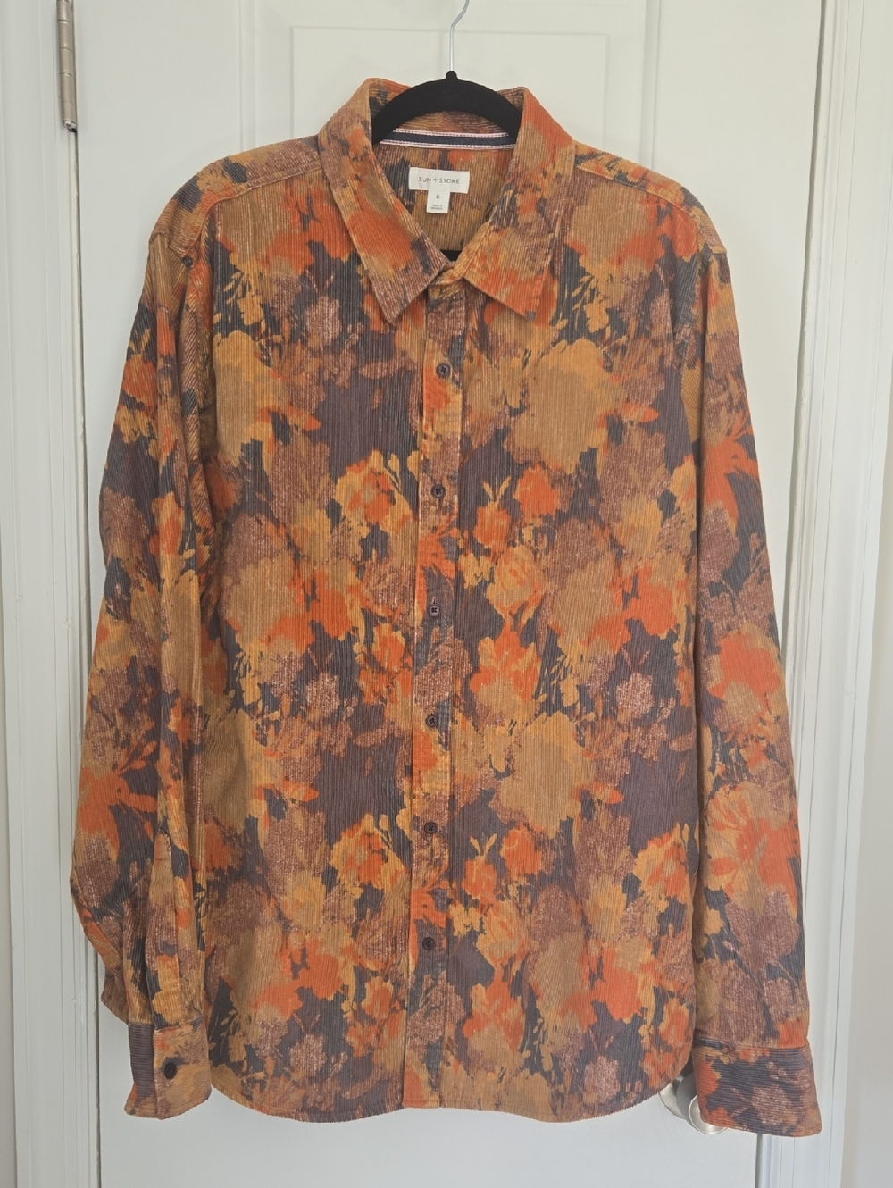 Sun + Stone Corduroy Floral Button-Down Shirt - Orange/Brown -XL